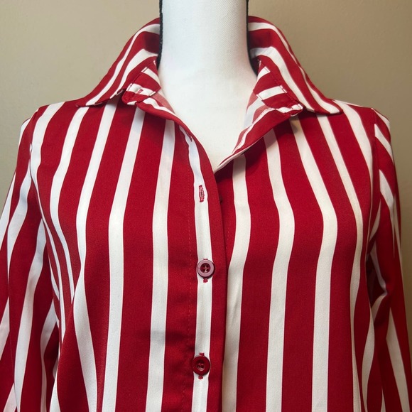 DROIMP Chic Red & White Striped Long Blouse - Size 4/Small - Picture 5 of 13